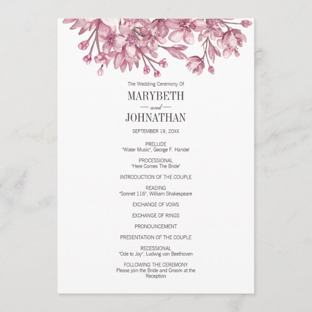 Pink Cherry Blossom Floral Wedding Programm (Vorderseite)