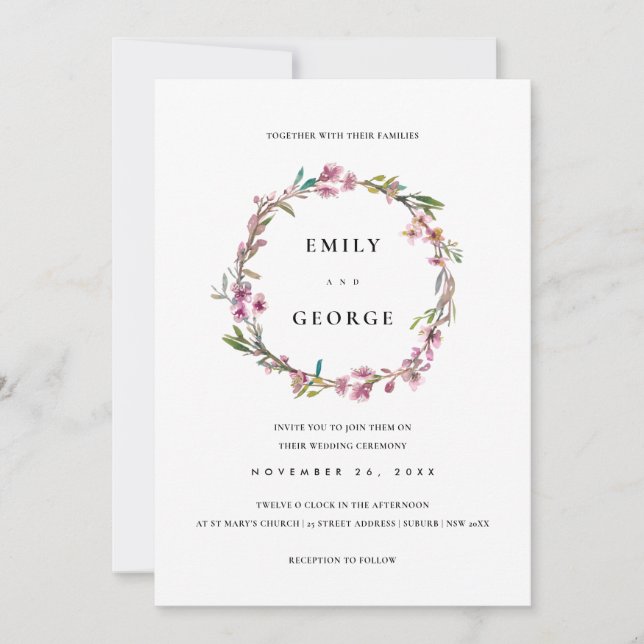 PINK CHERRY BLOSSOM FLORALWREATH WEDING INVITE DANKESKARTE (Vorderseite)