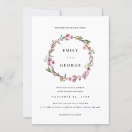 PINK CHERRY BLOSSOM FLORALWREATH WEDING INVITE DANKESKARTE