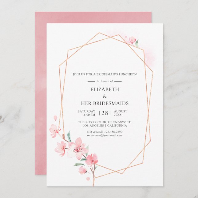 Pink Cherry Blossom Geometric Bridesmaids Luncheon Einladung (Vorne/Hinten)