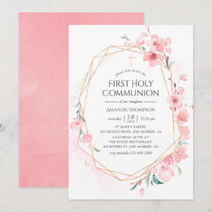 Pink Cherry Blossom Geometric Heilige Kommunion Einladung
