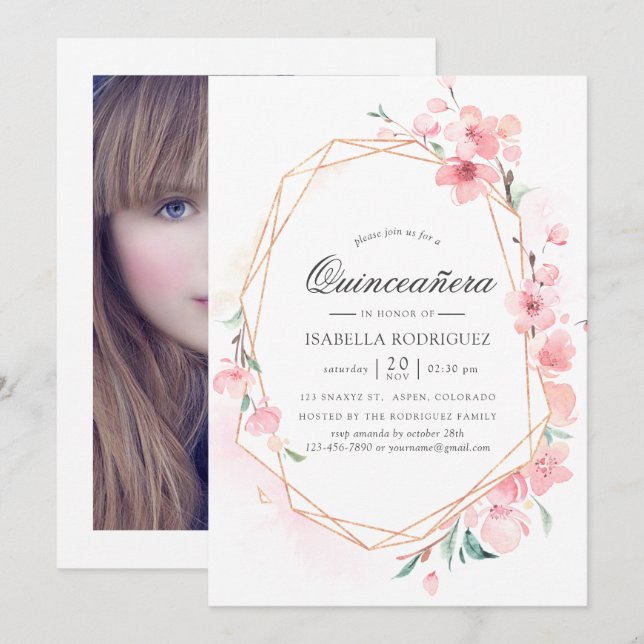 Pink Cherry Blossom Geometric Spring Quinceañera Einladung (Vorne/Hinten)