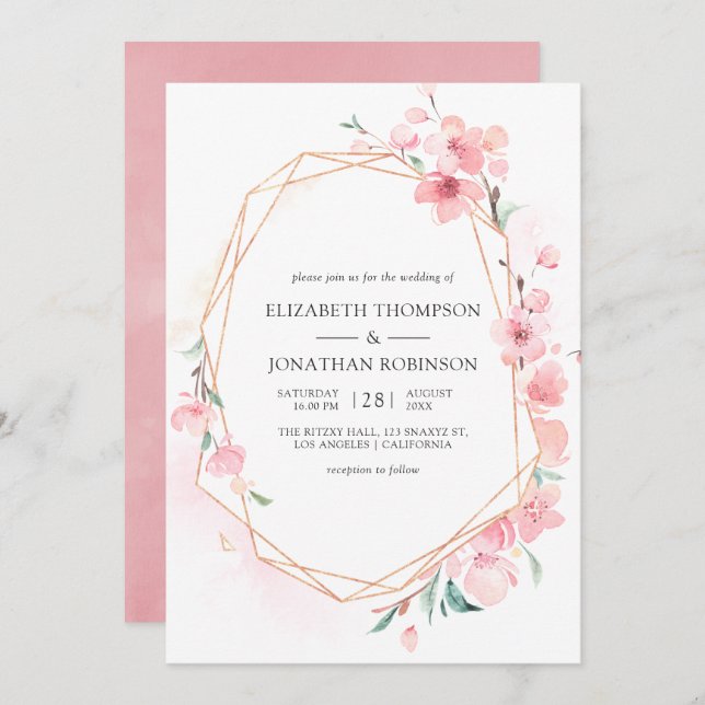 Pink Cherry Blossom Geometric Spring Wedding Einladung (Vorne/Hinten)