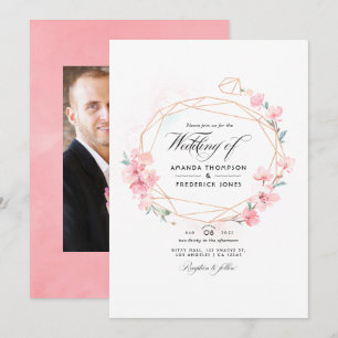 Pink Cherry Blossom Geometric Spring Wedding Foto Einladung