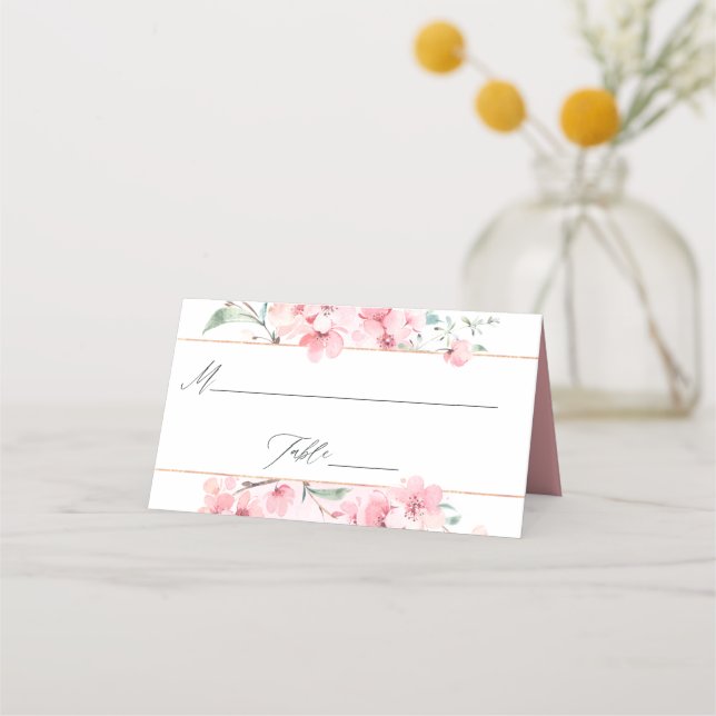 Pink Cherry Blossom Geometric Spring Wedding Platzkarte (Vorderseite)