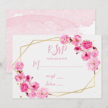 Pink Cherry Blossom Geometric Wedding RSVP Cards