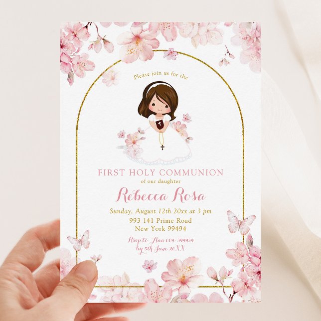 Pink Cherry Blossom Girl First Heilige Kommune Einladung (Von Creator hochgeladen)
