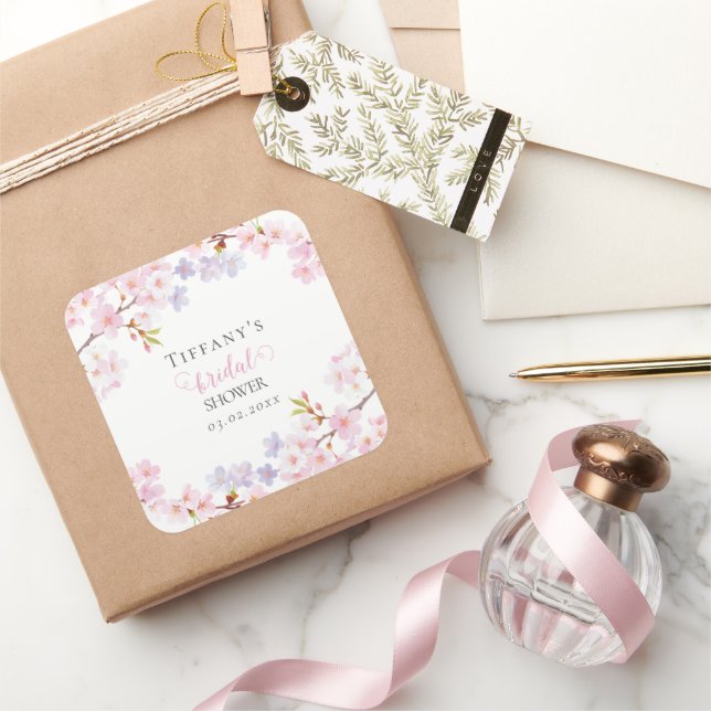 Pink Cherry Blossom in Bloom Garden Bridal Shower Quadratischer Aufkleber (Schenken)