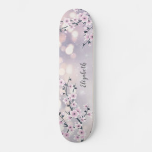 Pink Cherry Blossom Mauve Bokeh Glitzer Skateboard