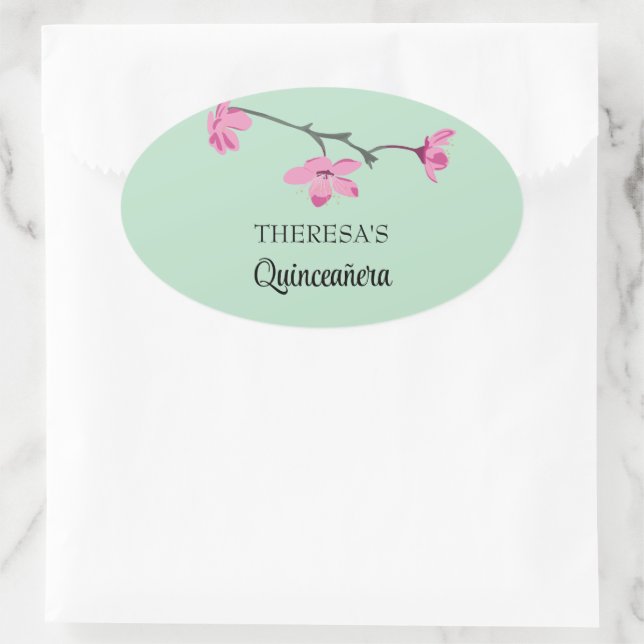 Pink Cherry Blossom Minze Green Quinceanera Ovaler Aufkleber (Tasche)