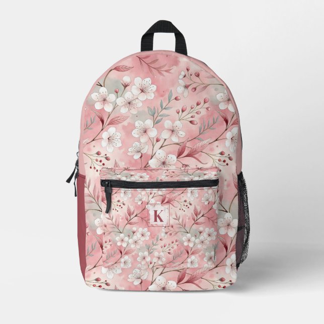 Pink cherry blossom monogram bedruckter rucksack (Vorderseite)