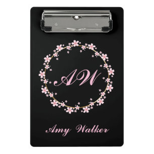 Pink Cherry Blossom Monogram Feminine Floral Wreat Mini Klemmbrett