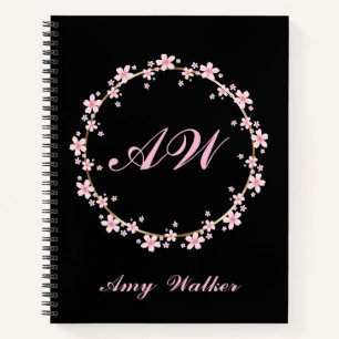 Pink Cherry Blossom Monogram Feminine Floral Wreat Notizbuch