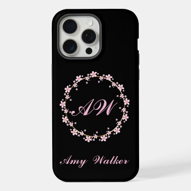 Pink Cherry Blossom Monogram Floral Wreath iPhone Hülle (Rückseite)