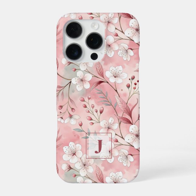 Pink cherry blossom monogram iPhone hülle (Rückseite)