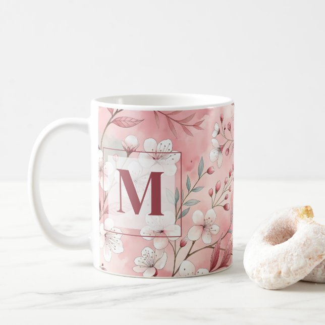 Pink cherry blossom monogram kaffeetasse (Mit Donut)
