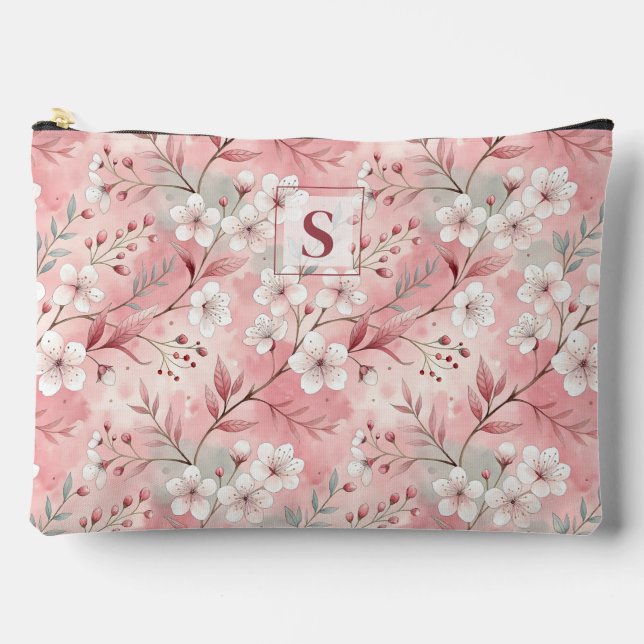 Pink cherry blossom monogram zubehörtasche (Vorderseite)