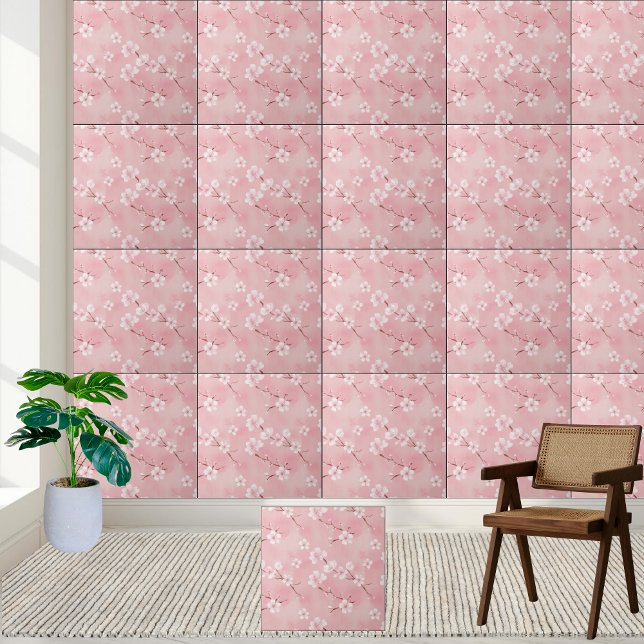 Pink Cherry Blossom Muster Keramik Tile Fliese (Pink Cherry Blossom Pattern Ceramic Tile)