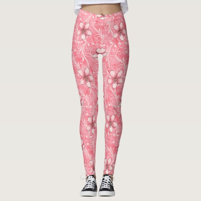 Pink Cherry Blossom Muster Leggings (Vorderseite)
