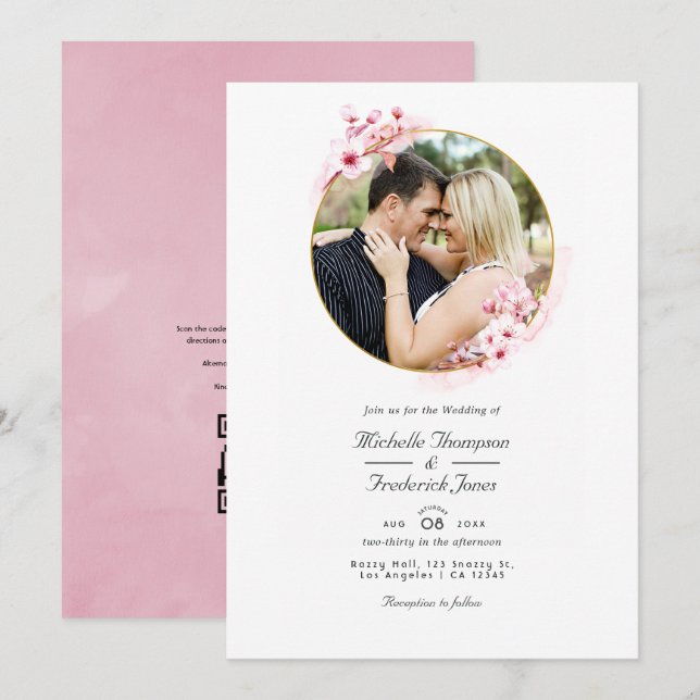 Pink Cherry Blossom QR UAWG Spring Wedding Einladung (Vorne/Hinten)
