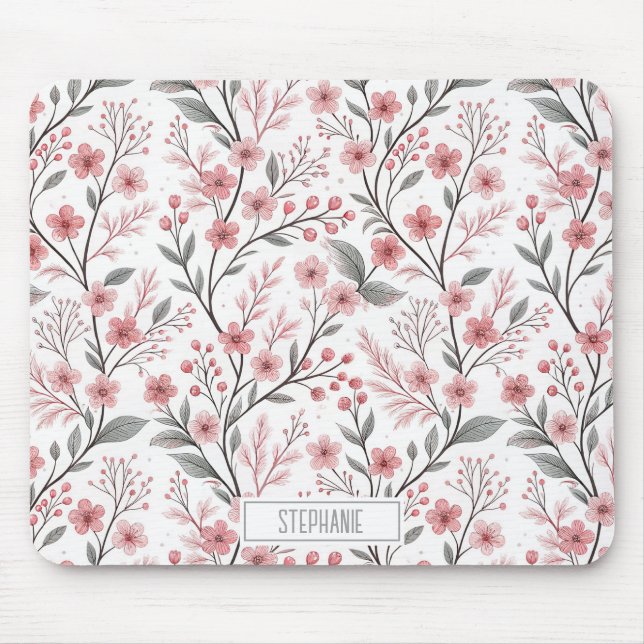 Pink Cherry Blossom Sakura Muster auf Weiß (1) Mousepad (Vorne)