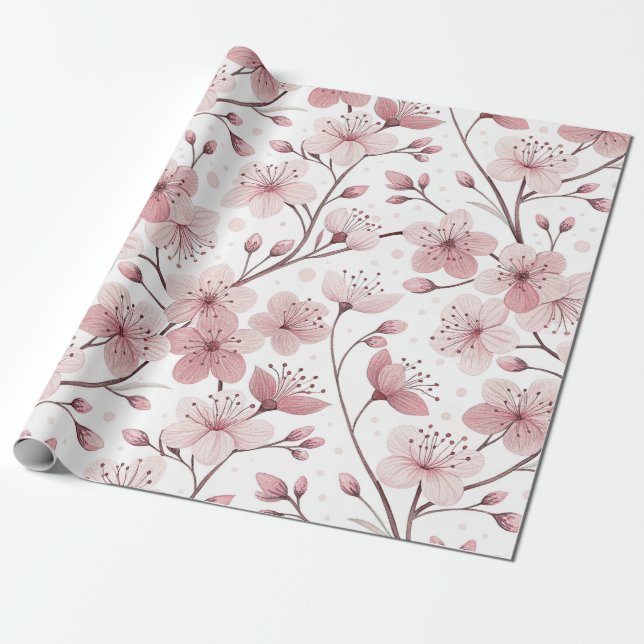 Pink Cherry Blossom Sakura Muster auf Weiß (2) Geschenkpapier (Ungerollt)