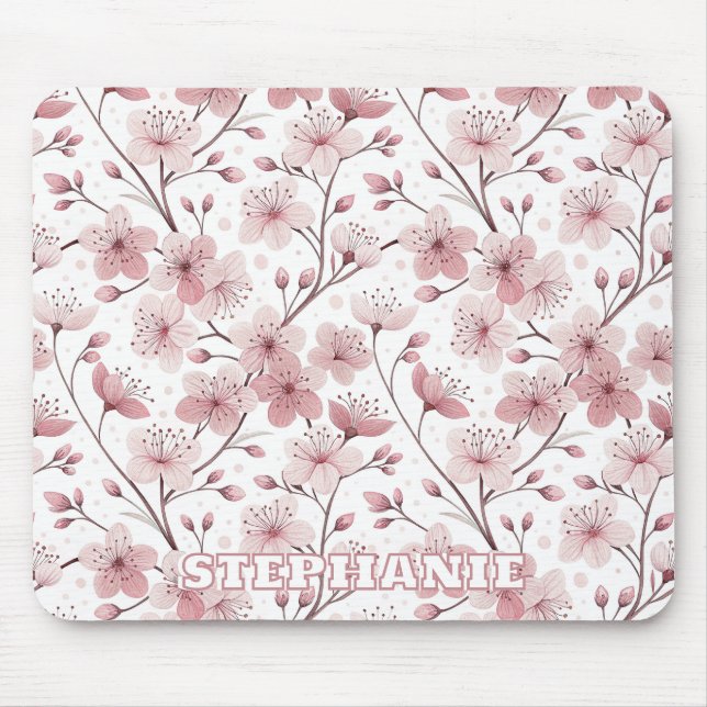 Pink Cherry Blossom Sakura Muster auf Weiß (2) Mousepad (Vorne)