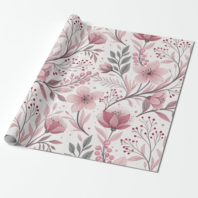 Pink Cherry Blossom Sakura Muster auf Weiß (3) Geschenkpapier (Ungerollt)
