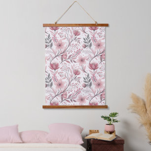 Pink Cherry Blossom Sakura Muster auf Weiß (3) Wandteppich Mit Holzrahmen