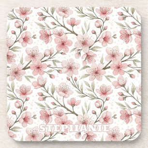 Pink Cherry Blossom Sakura Muster auf Weiß (5) Getränkeuntersetzer