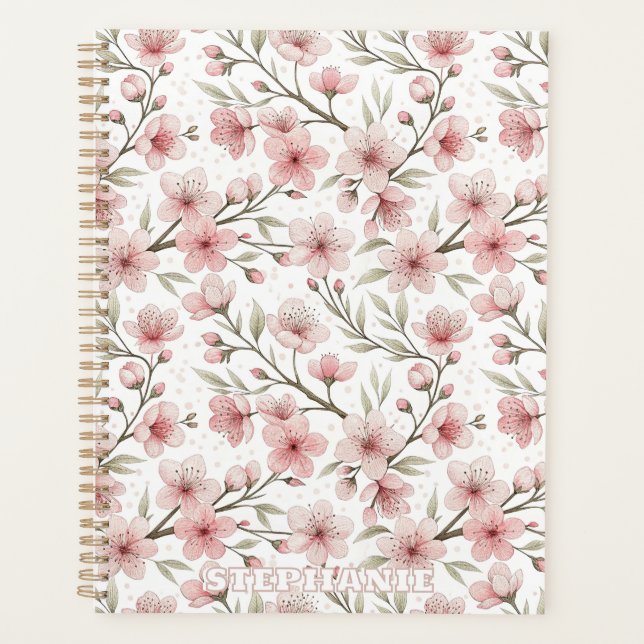 Pink Cherry Blossom Sakura Muster auf Weiß (5) Planer (Vorderseite)