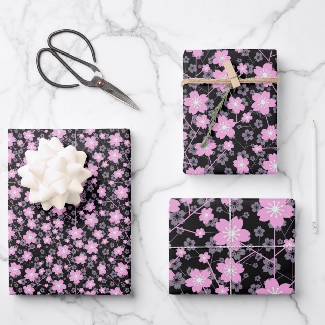 Pink Cherry Blossom Sakura Orientales Blumenmuster Geschenkpapier Set (Vorderseite)