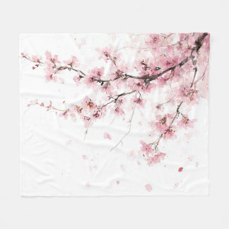 Pink Cherry Blossom Sakura Watercolor Floral Boho Fleecedecke
