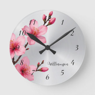 Pink Cherry Blossom Silver Foil Monogramm Runde Wanduhr