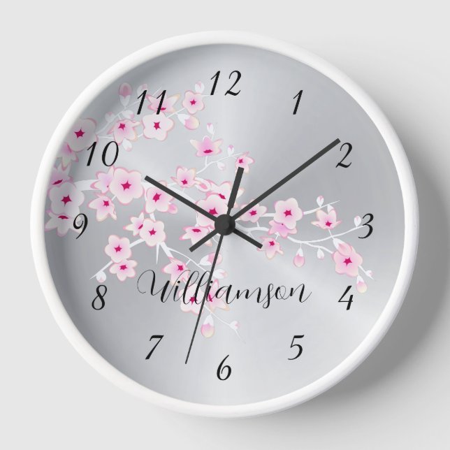 Pink Cherry Blossom Silver Foil Monogramm Uhr (Vorderseite)
