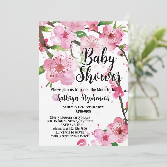 Pink Cherry Blossom Spring Floral Girl Babydusche Einladung (Stehend Vorderseite)