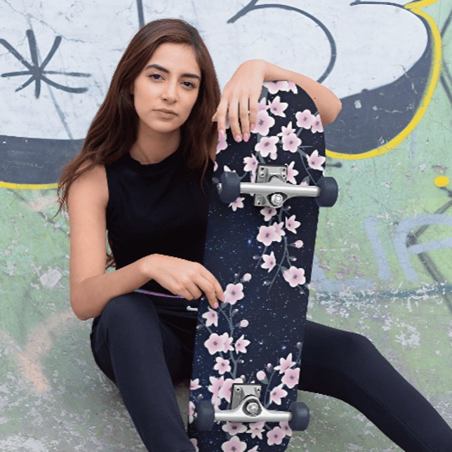 Pink Cherry Blossom Starry Night Sky Skateboard (Von Creator hochgeladen)