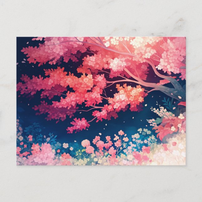 Pink Cherry Blossom Tree at Night Starry Sky Postkarte (Vorderseite)