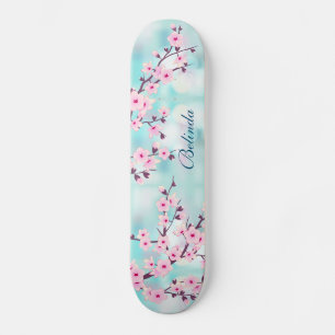 Pink Cherry Blossom Türkis Bokeh Monogram Girly Skateboard