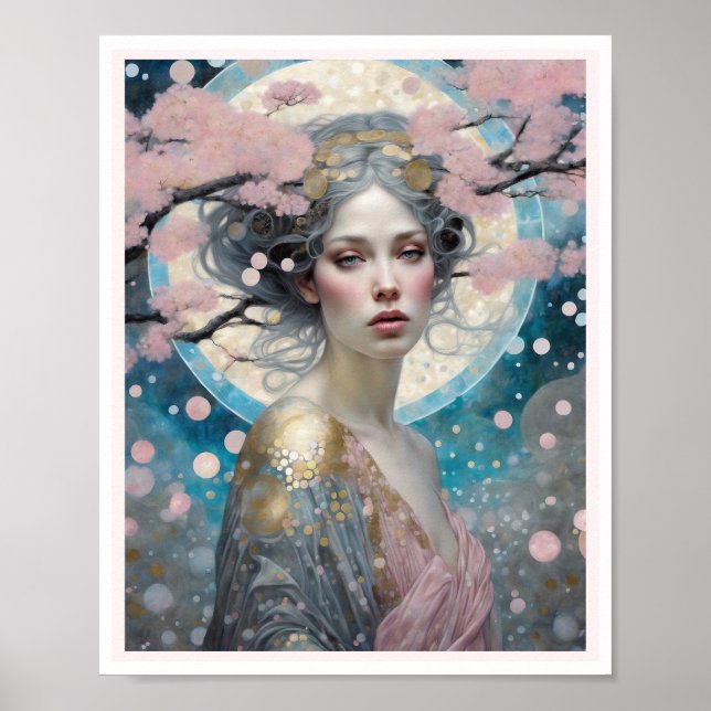 Pink Cherry Blossom Woman Art Deco Circles Poster (Vorne)