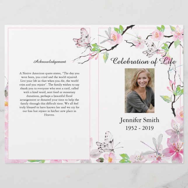Pink Cherry Blossoms & Butterfly Beerdigung Progra Flyer (Vorne)