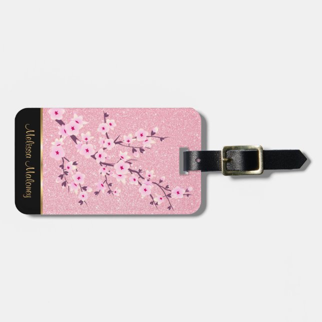 Pink Cherry Blossoms Glitzer Gepäckanhänger (Vorderseite horizontal)