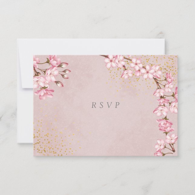 Pink Cherry Blossoms Gold Glitzer Hochzeit RSVP Karte (Vorderseite)