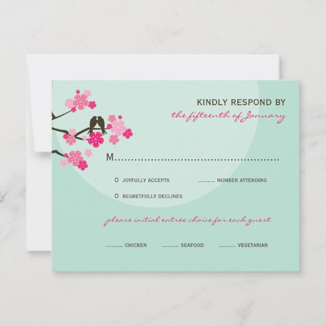 Pink Cherry Blossoms Love Birds Wedding RSVP Card (Vorderseite)