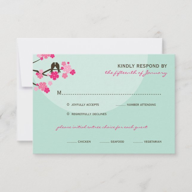 Pink Cherry Blossoms Love Birds Wedding RSVP Card (Vorderseite)