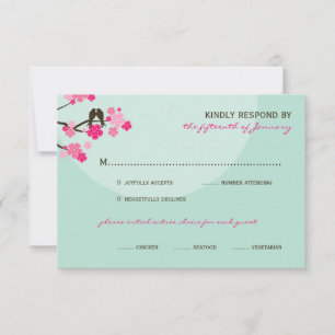 Pink Cherry Blossoms Love Birds Wedding RSVP Card Karte