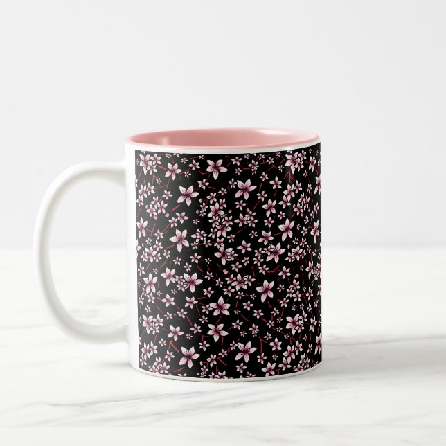 Pink Cherry Blossoms On Black Zweifarbige Tasse (Links)