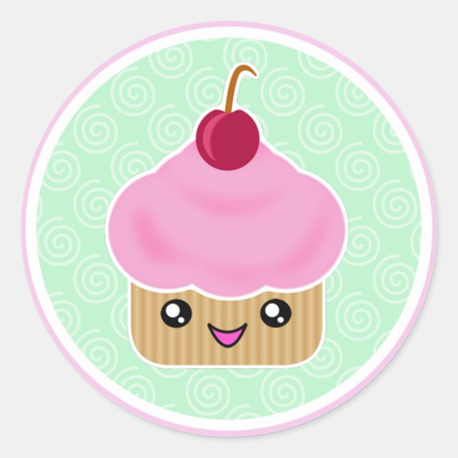 Pink Cherry Kawaii Cupcake Stickers (Vorderseite)