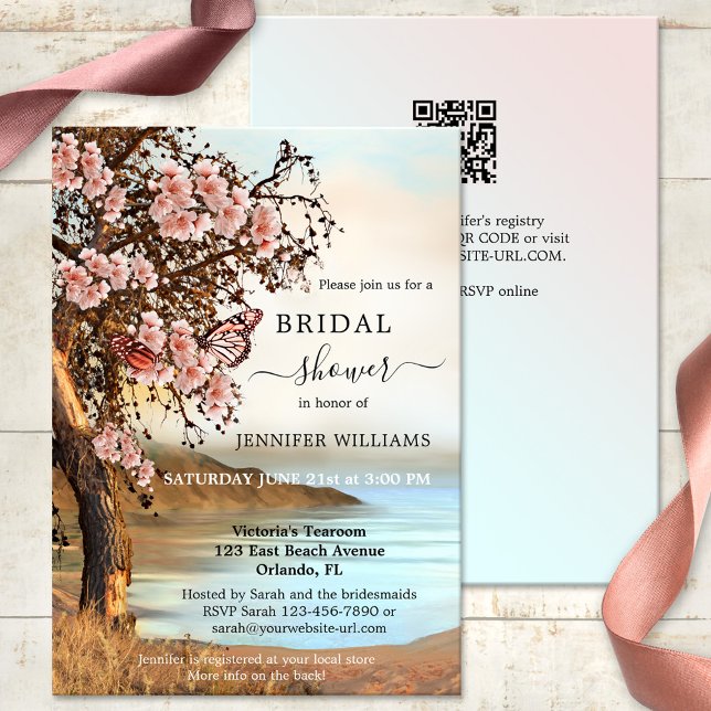 Pink Cherry Tree Butterfly Brautparty Einladung (Bridal shower invitation with a cherry tree and pink butterflies on the waterfront - with QR code)