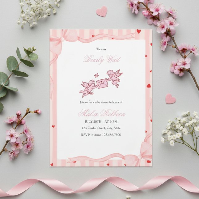  Pink Cherub Bearly Wait Baby Shower Invitation Einladung (Von Creator hochgeladen)